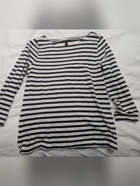 J Crew Navy Blue White Stripe 3/4 Length Sleeve Cotton Top Medium